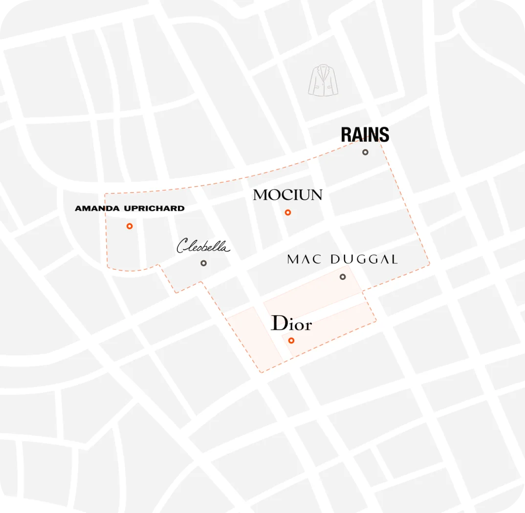 A closer district map showing individual storefront locations