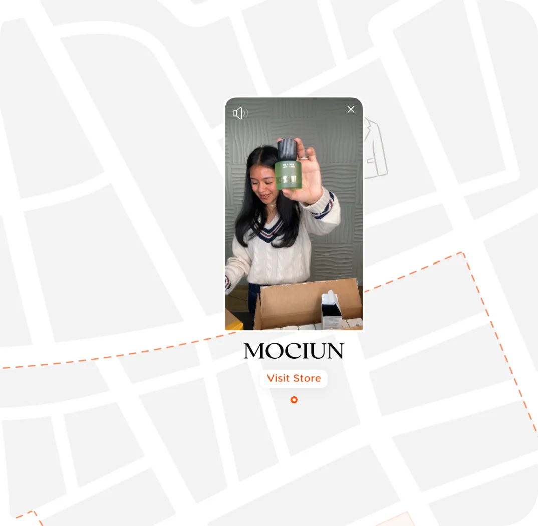 A live product demonstration above a storefront pin, with a Visit Store link