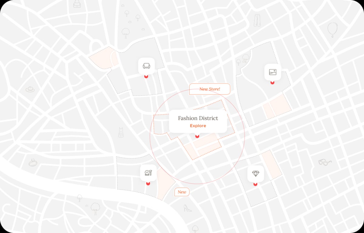 An overhead view of the city with the Fashion District outlined