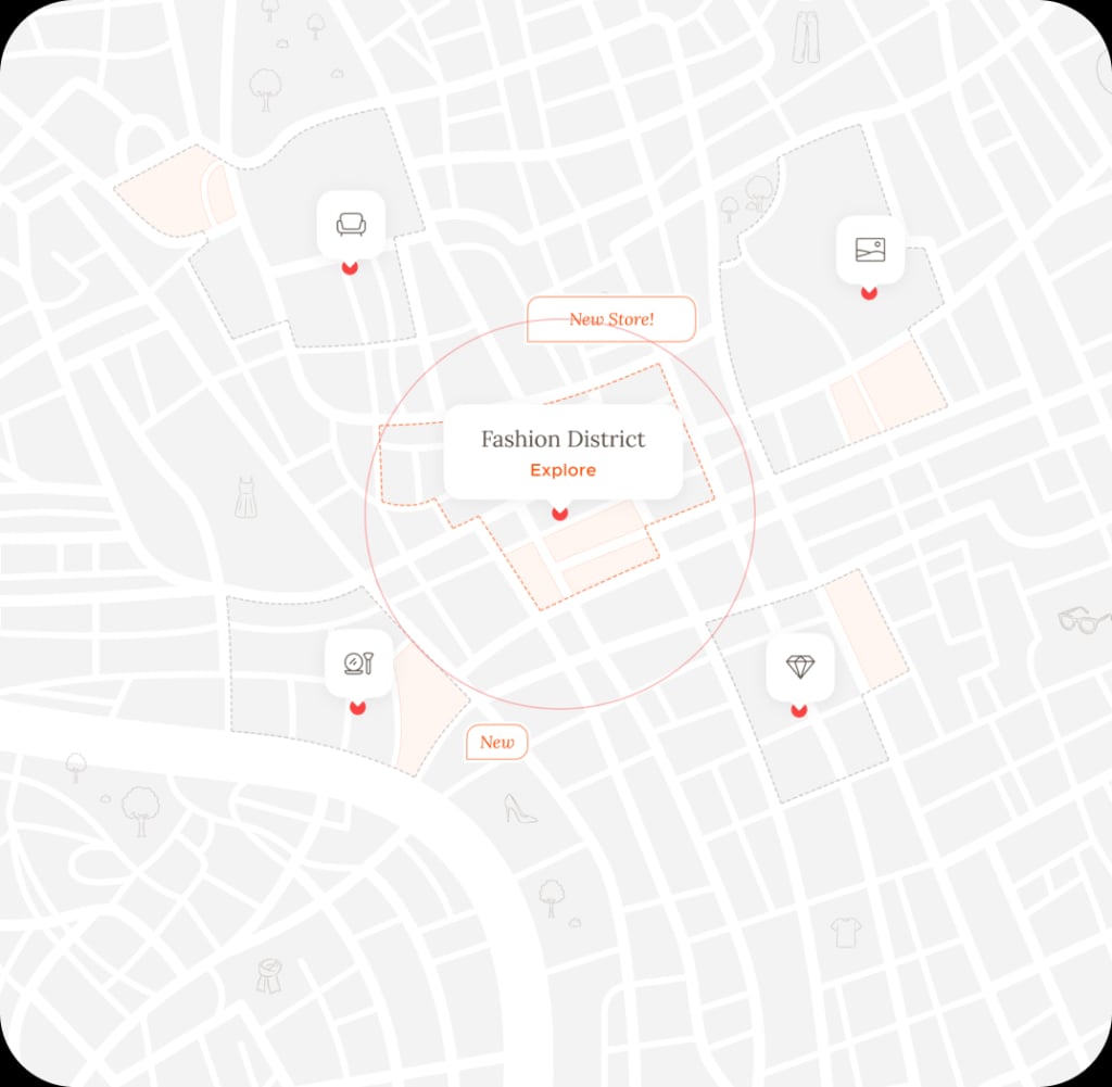 An overhead view of the city with the Fashion District outlined
