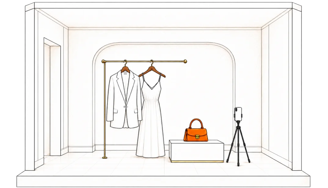 A Storefront production studio with a camera, lights, and products