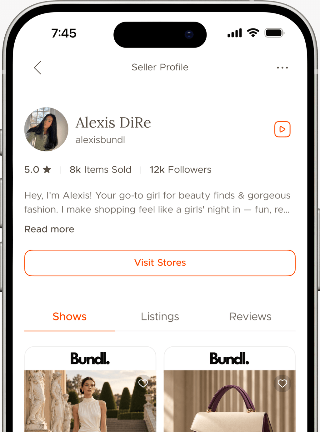 Bundl seller profile with products and upcoming shows